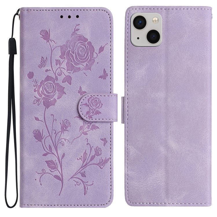 For iPhone 14 Wallet Case Rose Pattern Imprinted Leather Flip Stand Phone Cover - TechGearPal