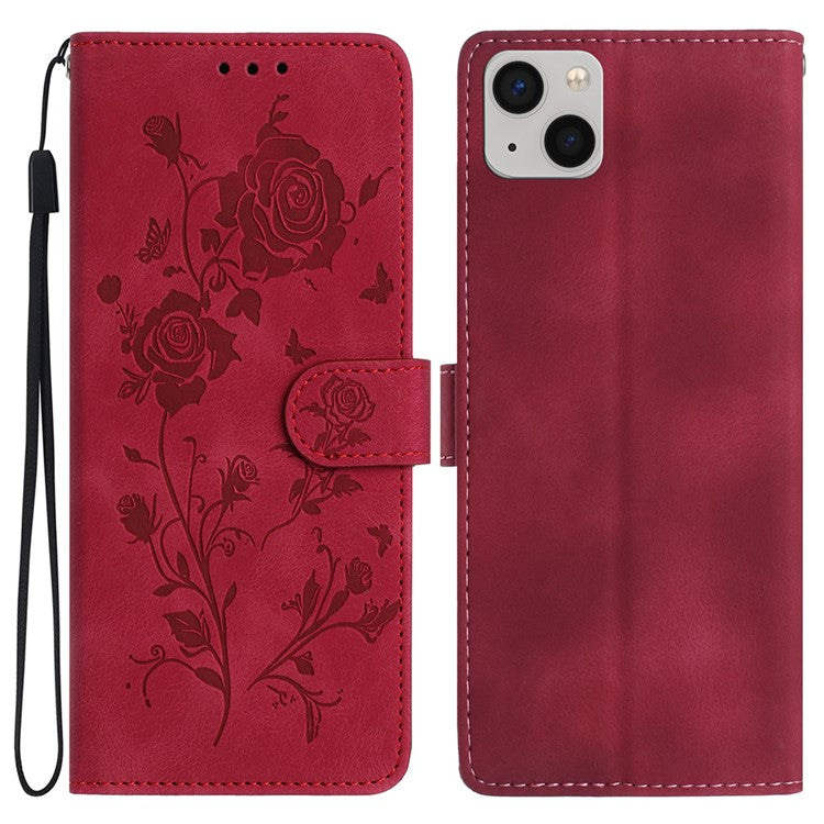 For iPhone 14 Wallet Case Rose Pattern Imprinted Leather Flip Stand Phone Cover - TechGearPal