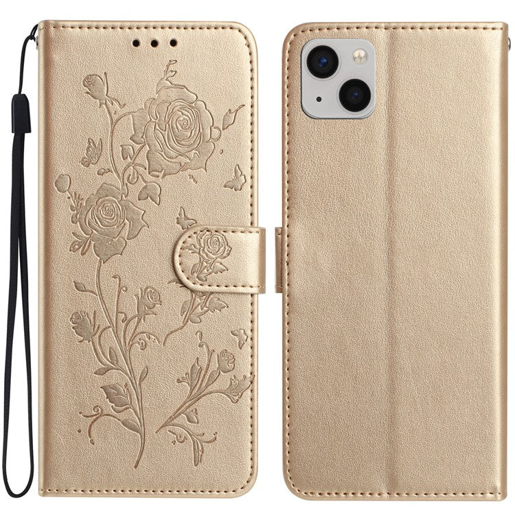 For iPhone 14 Wallet Case Rose Pattern Imprinted Leather Flip Stand Phone Cover - TechGearPal
