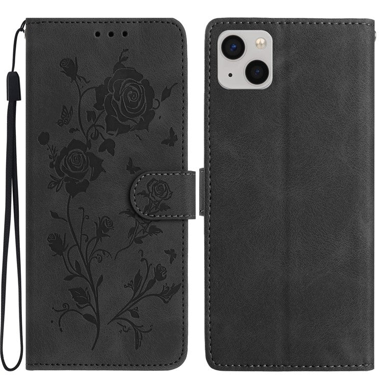 For iPhone 14 Wallet Case Rose Pattern Imprinted Leather Flip Stand Phone Cover - TechGearPal