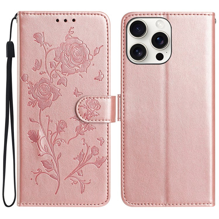For iPhone 14 Pro Wallet Case Rose Pattern Imprinted Leather Flip Stand Phone Cover - TechGearPal