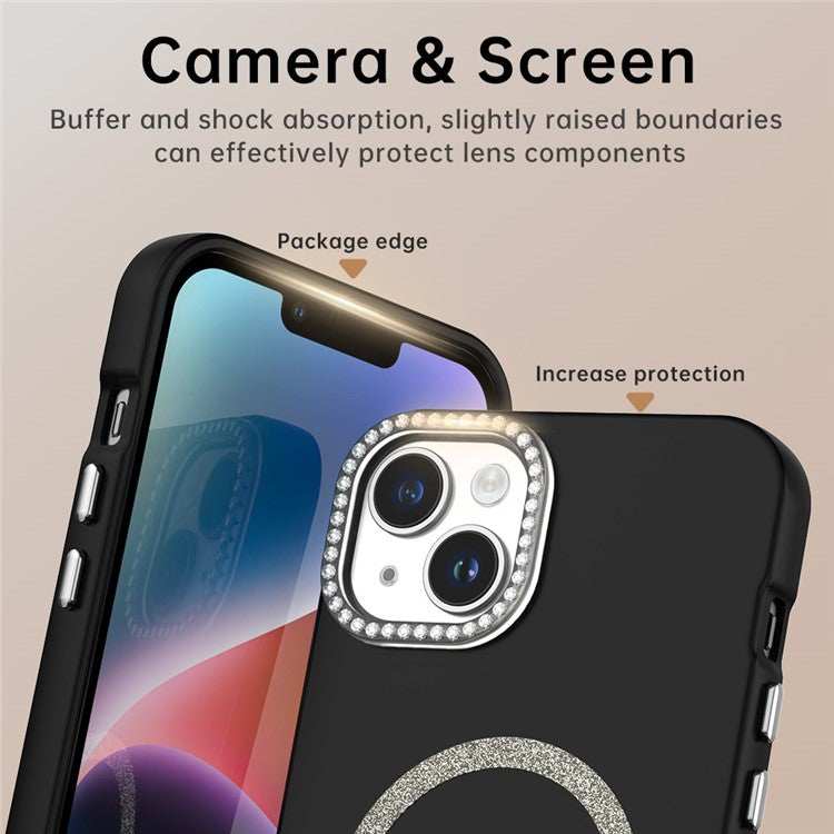 For iPhone 14 Case Compatible with MagSafe TPU + PET Phone Cover with Rhinestone Decor Lens Frame - TechGearPal