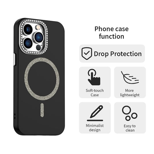 For iPhone 13 Pro Case Compatible with MagSafe TPU + PET Phone Cover with Rhinestone Decor Lens Frame - TechGearPal