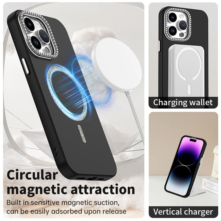 For iPhone 14 Pro Case Compatible with MagSafe TPU + PET Phone Cover with Rhinestone Decor Lens Frame - TechGearPal