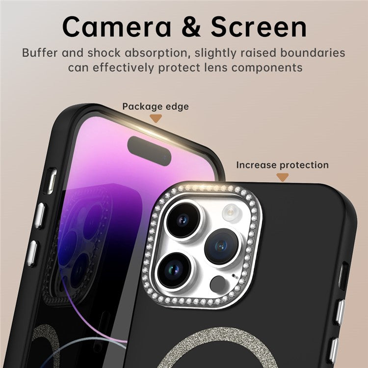 For iPhone 14 Pro Case Compatible with MagSafe TPU + PET Phone Cover with Rhinestone Decor Lens Frame - TechGearPal