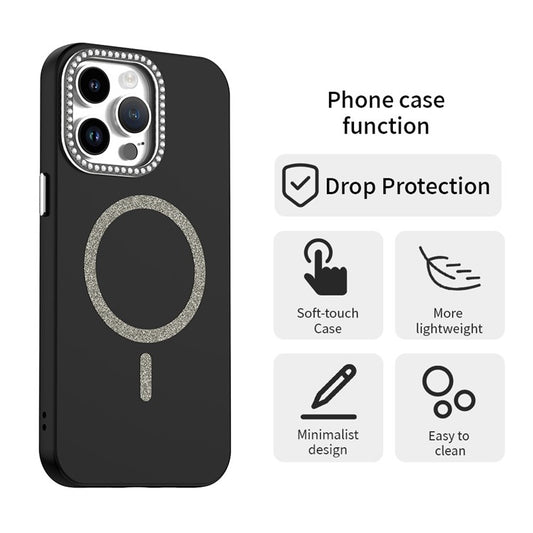 For iPhone 14 Pro Max Case Compatible with MagSafe TPU + PET Phone Cover with Rhinestone Decor Lens Frame - TechGearPal