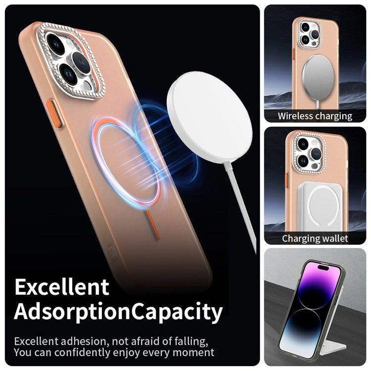 For iPhone 14 Pro Max Case Compatible with MagSafe TPU + PC + PET Phone Cover Rhinestone Decor Lens Frame - TechGearPal
