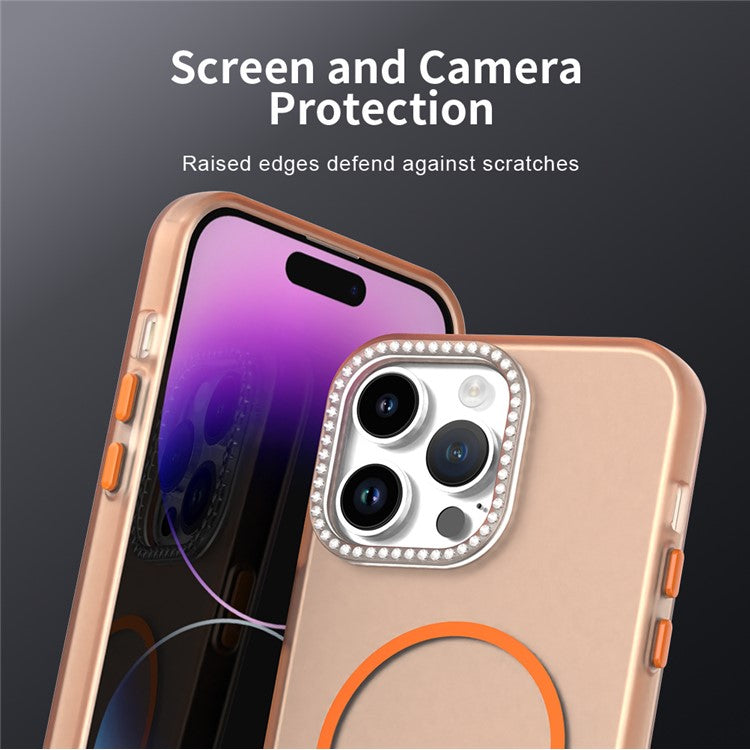 For iPhone 14 Pro Max Case Compatible with MagSafe TPU + PC + PET Phone Cover Rhinestone Decor Lens Frame - TechGearPal