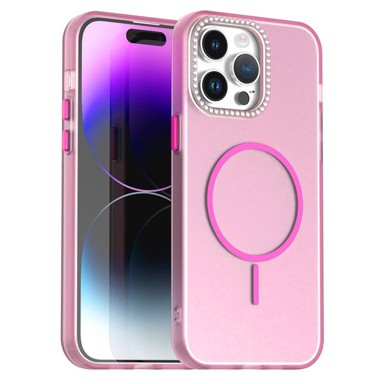 For iPhone 14 Pro Max Case Compatible with MagSafe TPU + PC + PET Phone Cover Rhinestone Decor Lens Frame - TechGearPal