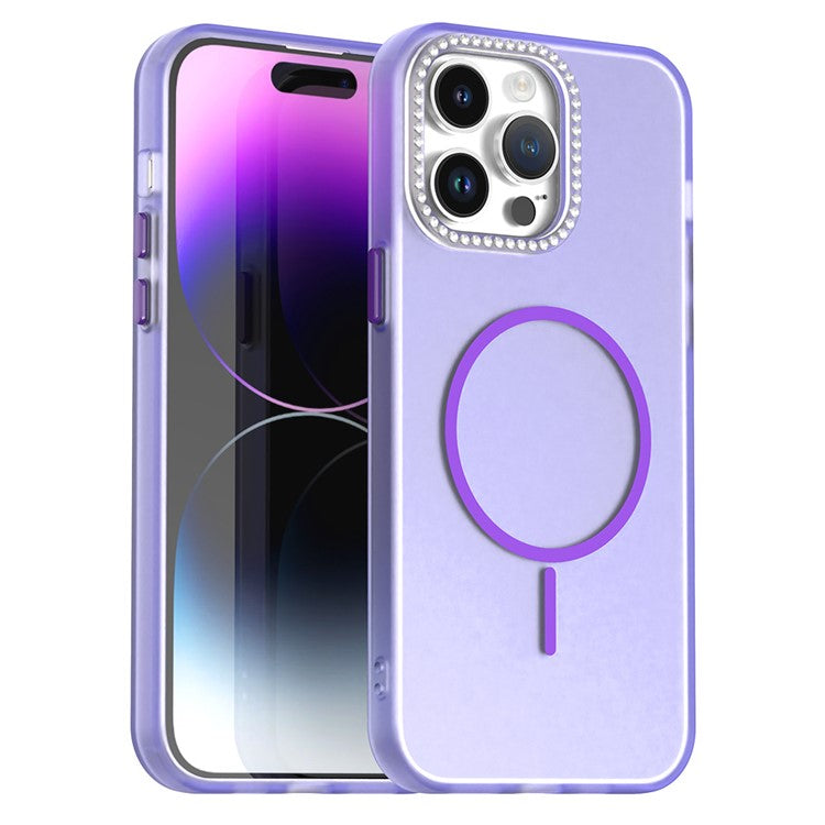 For iPhone 14 Pro Max Case Compatible with MagSafe TPU + PC + PET Phone Cover Rhinestone Decor Lens Frame - TechGearPal
