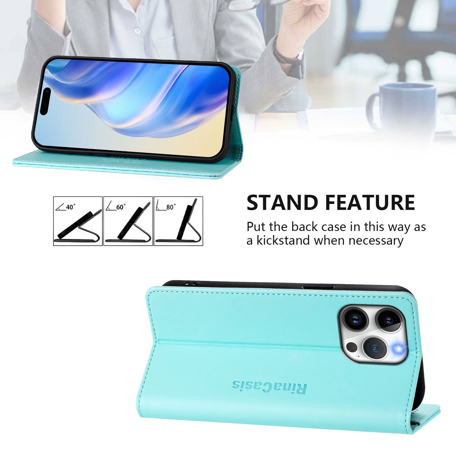 For iPhone 15 Pro Max Leather Case RINACASIS RC01 Phone Cover with RFID Blocking Wallet Stand - TechGearPal