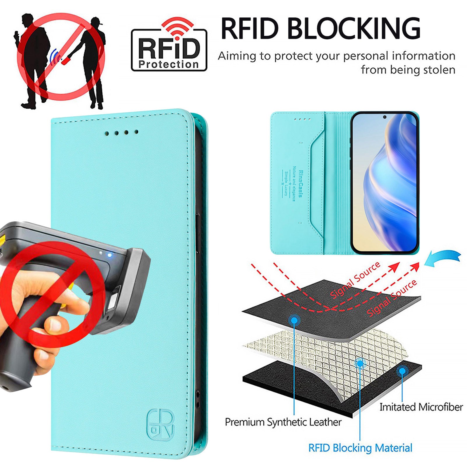 For iPhone 16 Leather Case RINACASIS RC01 Phone Cover with RFID Blocking Wallet Stand - TechGearPal