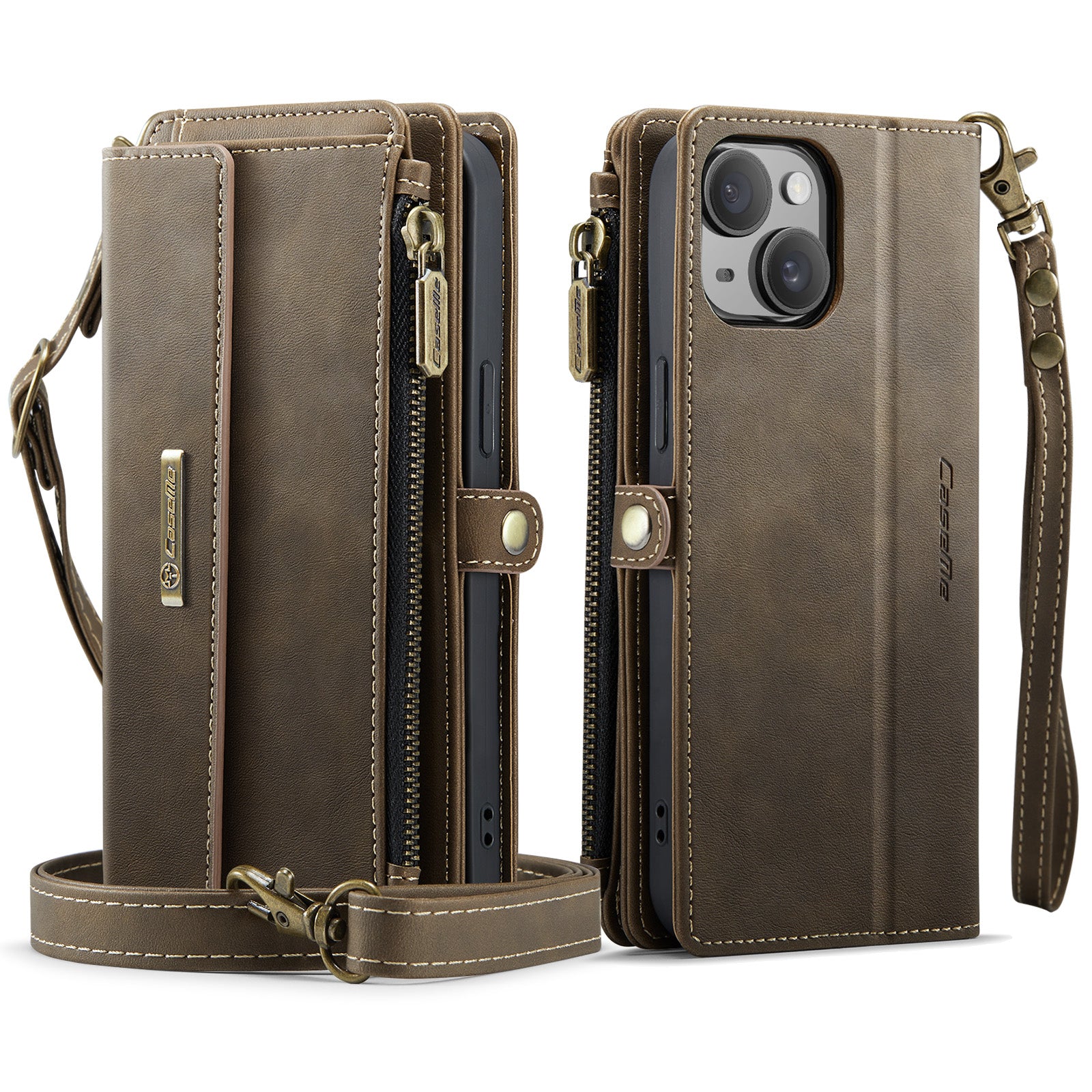 For iPhone 14 Case CASEME C39 RFID Blocking Zipper Wallet Stand Leather Cover with Strap - TechGearPal