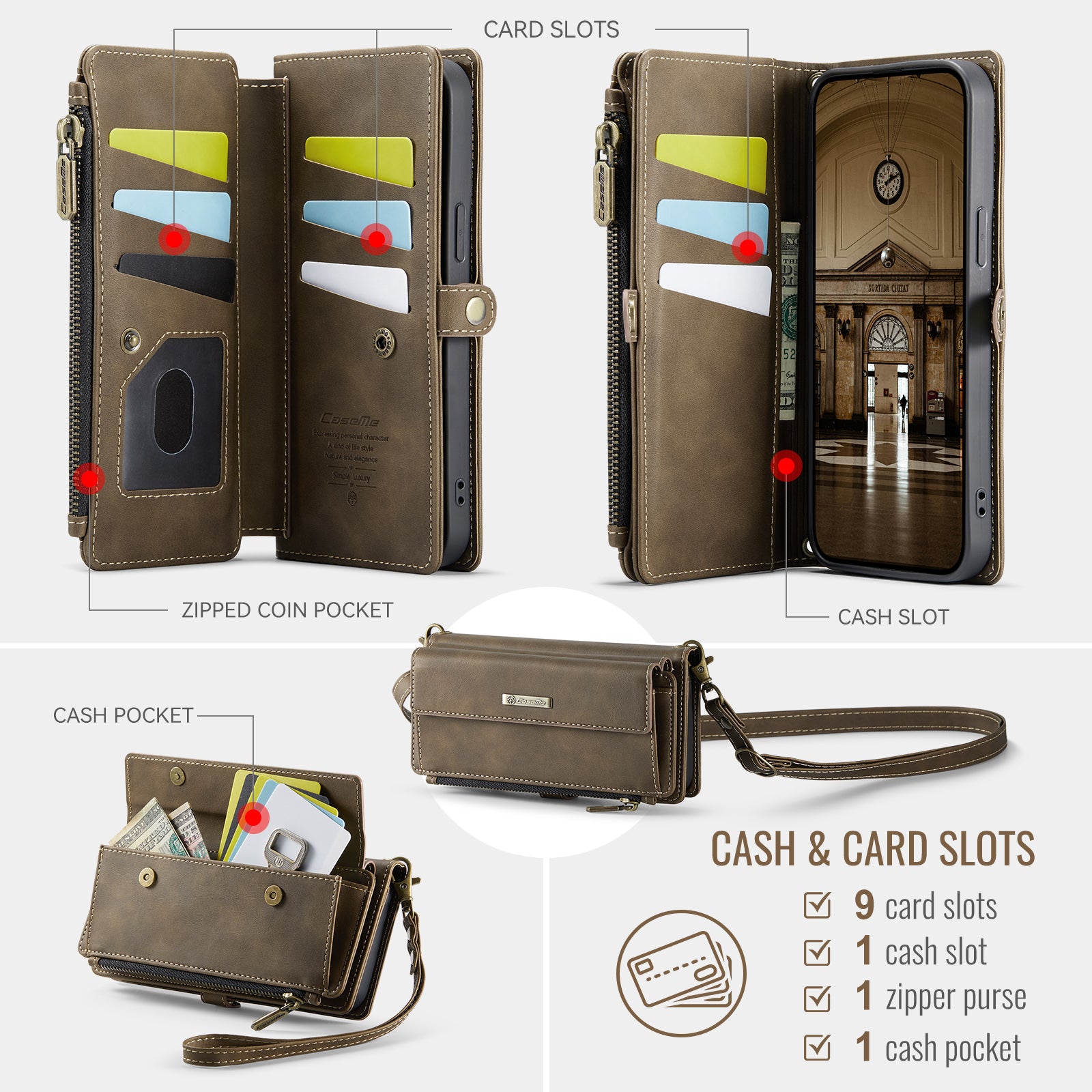 For iPhone 14 Case CASEME C39 RFID Blocking Zipper Wallet Stand Leather Cover with Strap - TechGearPal