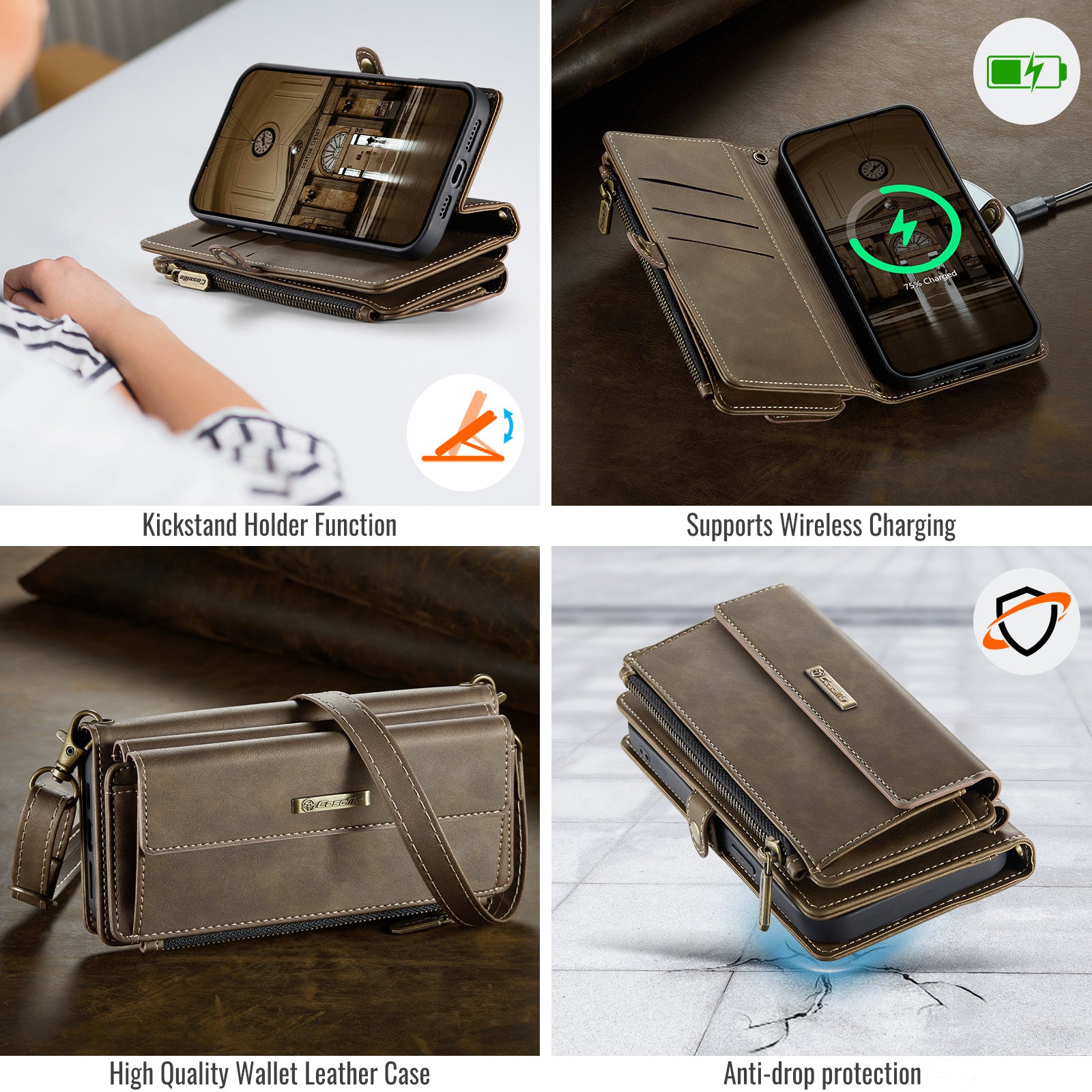 For iPhone 14 Case CASEME C39 RFID Blocking Zipper Wallet Stand Leather Cover with Strap - TechGearPal