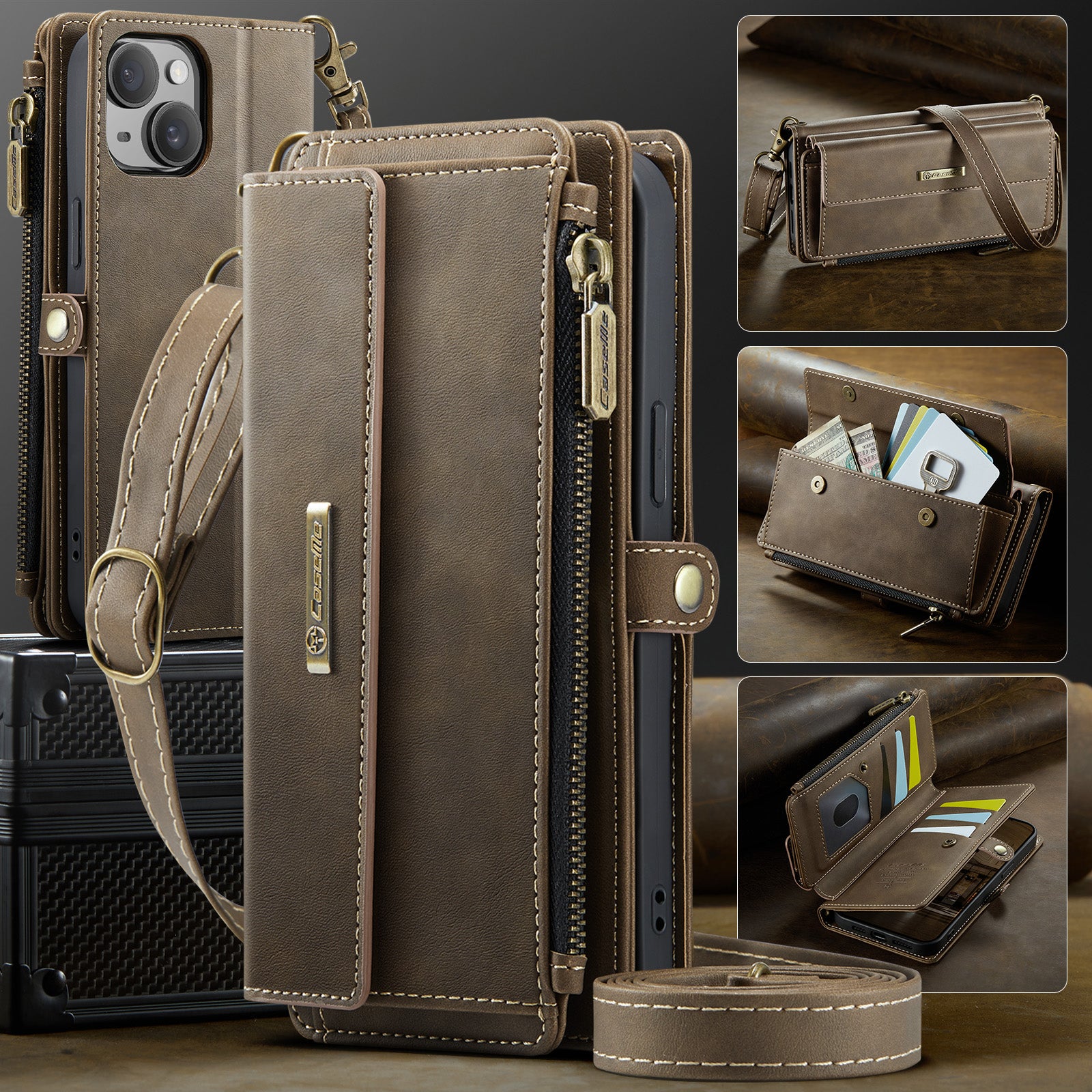 For iPhone 14 Case CASEME C39 RFID Blocking Zipper Wallet Stand Leather Cover with Strap - TechGearPal