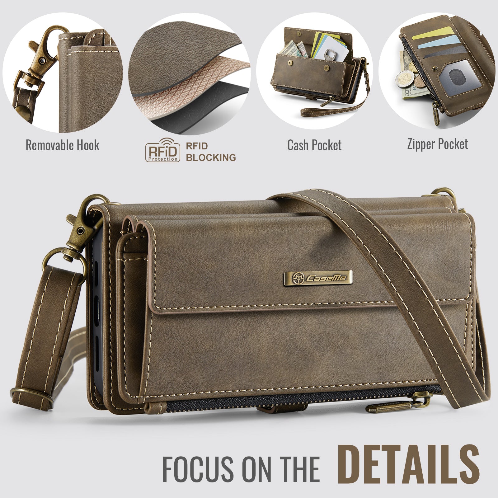 For iPhone 14 Case CASEME C39 RFID Blocking Zipper Wallet Stand Leather Cover with Strap - TechGearPal
