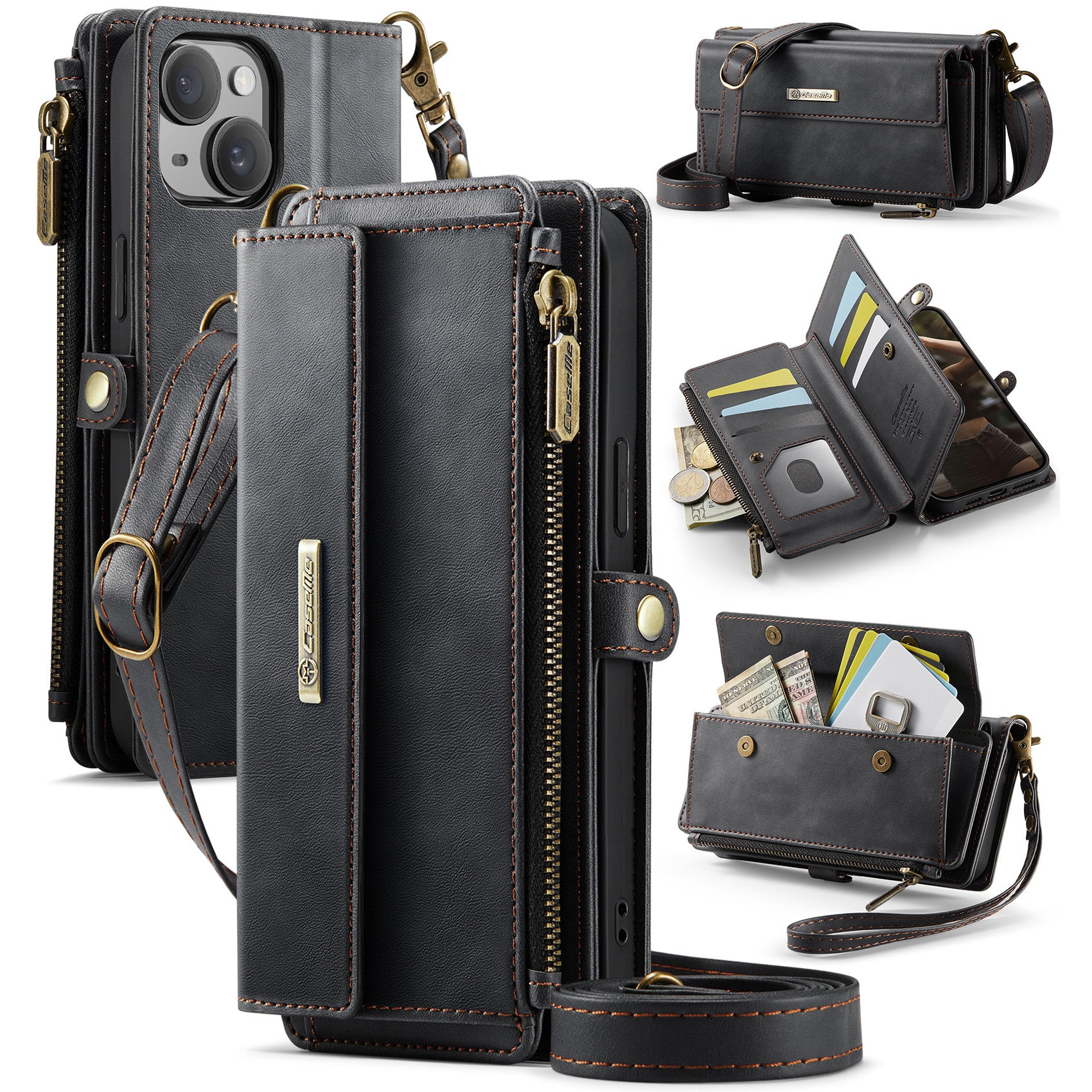 For iPhone 14 Case CASEME C39 RFID Blocking Zipper Wallet Stand Leather Cover with Strap - TechGearPal
