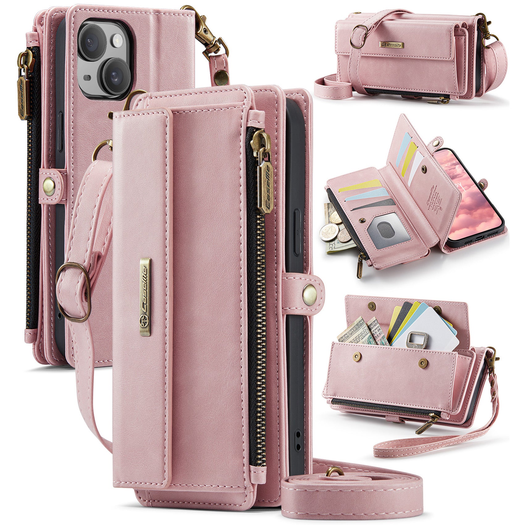 For iPhone 14 Case CASEME C39 RFID Blocking Zipper Wallet Stand Leather Cover with Strap - TechGearPal