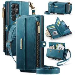 For Samsung Galaxy S22 Ultra 5G Case CASEME C39 RFID Blocking Zipper Wallet Stand Leather Cover with Strap