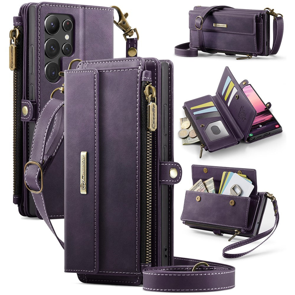 For Samsung Galaxy S22 Ultra 5G Case CASEME C39 RFID Blocking Zipper Wallet Stand Leather Cover with Strap