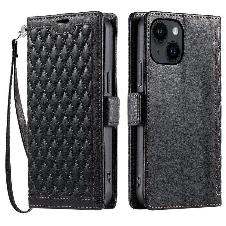 For iPhone 14  /  13 Leather Case Rhombus Texture Wallet Stand Phone Cover with Wrist Strap - TechGearPal