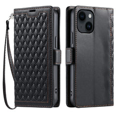 For iPhone 14  /  13 Leather Case Rhombus Texture Wallet Stand Phone Cover with Wrist Strap - TechGearPal