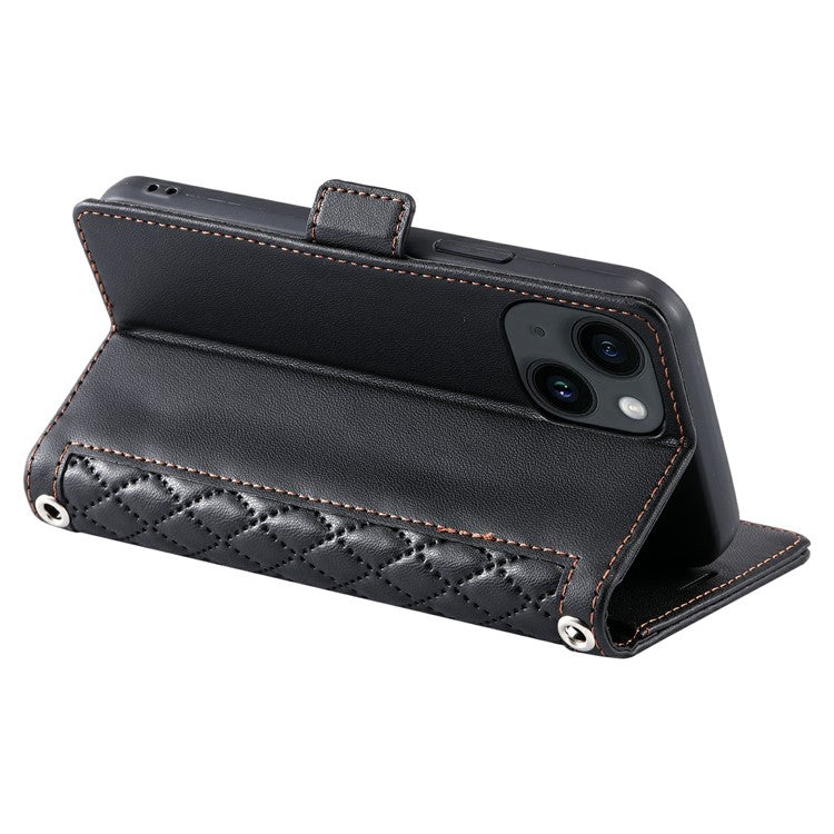 For iPhone 14  /  13 Leather Case Rhombus Texture Wallet Stand Phone Cover with Wrist Strap - TechGearPal