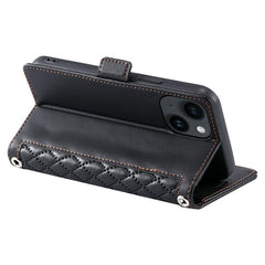 For iPhone 14  /  13 Leather Case Rhombus Texture Wallet Stand Phone Cover with Wrist Strap - TechGearPal