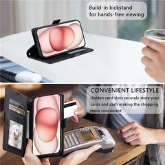 For iPhone 14  /  13 Leather Case Rhombus Texture Wallet Stand Phone Cover with Wrist Strap - TechGearPal