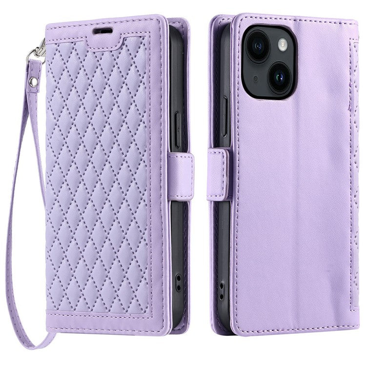For iPhone 14  /  13 Leather Case Rhombus Texture Wallet Stand Phone Cover with Wrist Strap - TechGearPal