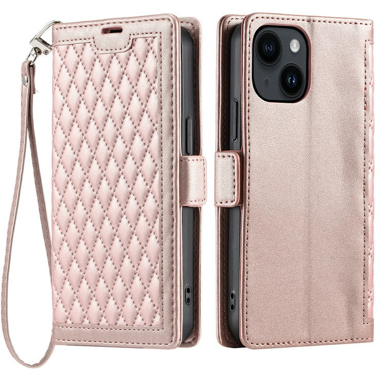 For iPhone 14  /  13 Leather Case Rhombus Texture Wallet Stand Phone Cover with Wrist Strap - TechGearPal