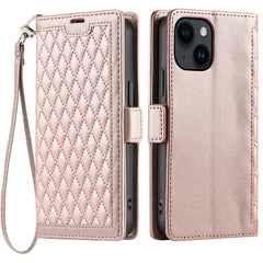 For iPhone 14  /  13 Leather Case Rhombus Texture Wallet Stand Phone Cover with Wrist Strap - TechGearPal