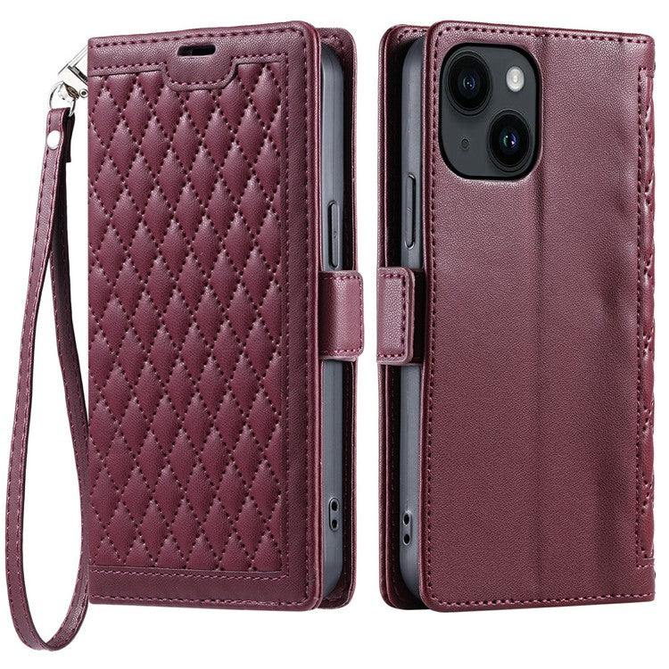 For iPhone 14  /  13 Leather Case Rhombus Texture Wallet Stand Phone Cover with Wrist Strap - TechGearPal