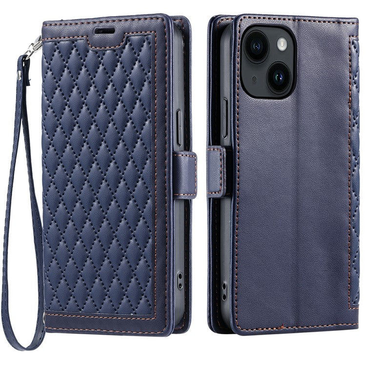 For iPhone 14  /  13 Leather Case Rhombus Texture Wallet Stand Phone Cover with Wrist Strap - TechGearPal