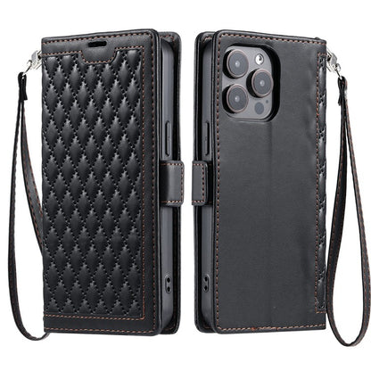 For iPhone 13 Pro Leather Case Rhombus Texture Wallet Stand Phone Cover with Wrist Strap - TechGearPal