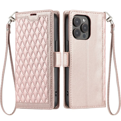 For iPhone 13 Pro Leather Case Rhombus Texture Wallet Stand Phone Cover with Wrist Strap - TechGearPal