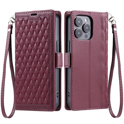 For iPhone 13 Pro Leather Case Rhombus Texture Wallet Stand Phone Cover with Wrist Strap - TechGearPal