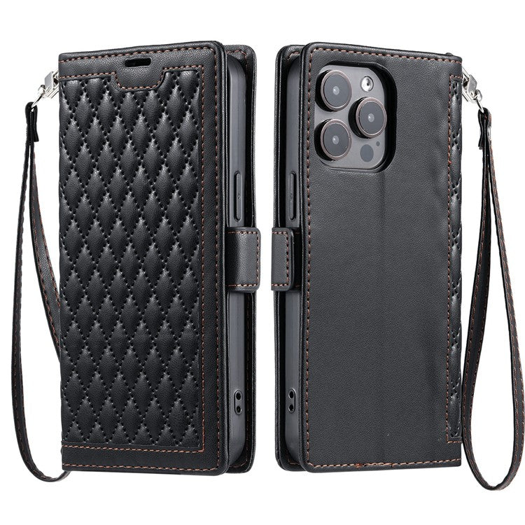 For iPhone 13 Pro Max Leather Case Rhombus Texture Wallet Stand Phone Cover with Wrist Strap - TechGearPal