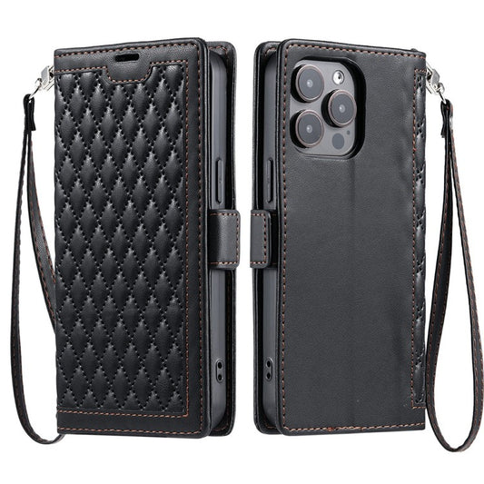 For iPhone 14 Pro Max Leather Case Rhombus Texture Wallet Stand Phone Cover with Wrist Strap - TechGearPal