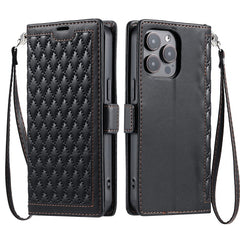 For iPhone 14 Pro Max Leather Case Rhombus Texture Wallet Stand Phone Cover with Wrist Strap - TechGearPal