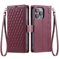 For iPhone 14 Pro Max Leather Case Rhombus Texture Wallet Stand Phone Cover with Wrist Strap - TechGearPal