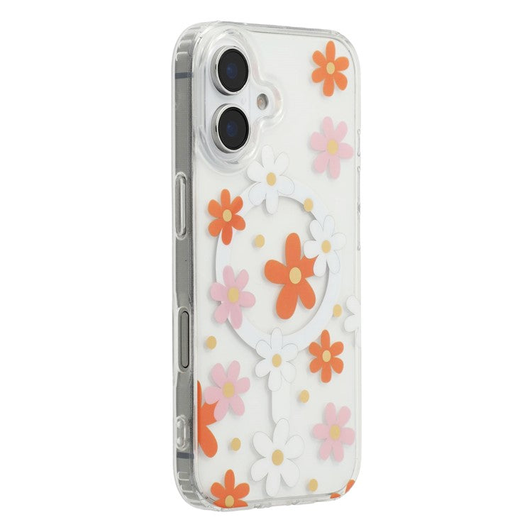 For iPhone 16 Magnetic Case IMD Flower Pattern TPU + PC Clear Back Phone Cover - TechGearPal