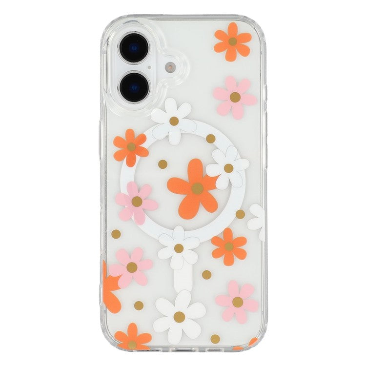 For iPhone 16 Magnetic Case IMD Flower Pattern TPU + PC Clear Back Phone Cover - TechGearPal
