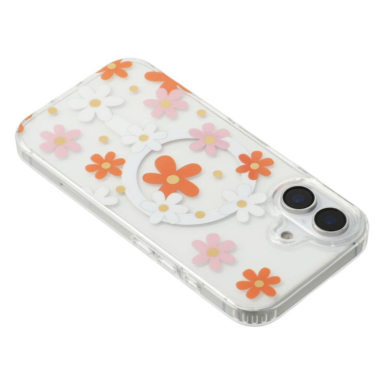 For iPhone 16 Magnetic Case IMD Flower Pattern TPU + PC Clear Back Phone Cover - TechGearPal