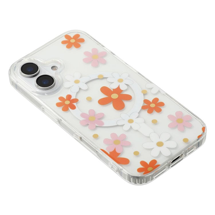 For iPhone 16 Magnetic Case IMD Flower Pattern TPU + PC Clear Back Phone Cover - TechGearPal