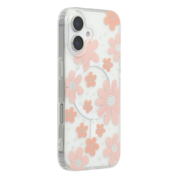 For iPhone 16 Magnetic Case IMD Flower Pattern TPU + PC Clear Back Phone Cover - TechGearPal