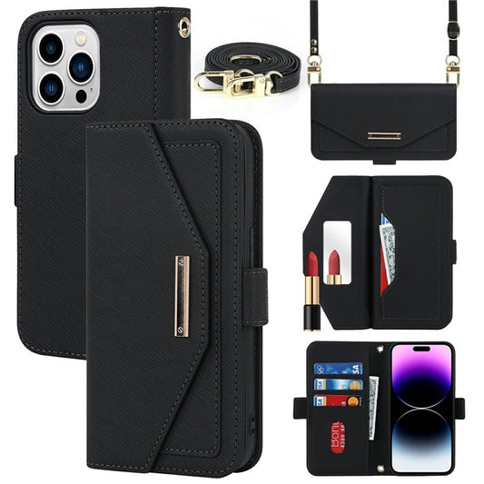 For iPhone 15 Pro Max Stand Case Cross Texture PU Leather Wallet Phone Cover with Shoulder Strap / Makeup Mirror - TechGearPal