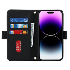 For iPhone 15 Pro Max Stand Case Cross Texture PU Leather Wallet Phone Cover with Shoulder Strap / Makeup Mirror - TechGearPal