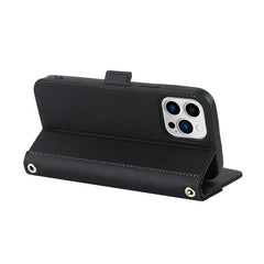 For iPhone 15 Pro Max Stand Case Cross Texture PU Leather Wallet Phone Cover with Shoulder Strap / Makeup Mirror - TechGearPal